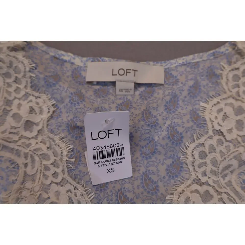 NEW LOFT Blue Paisley Eyelash Floral Lace Puff Sleeve Button Up Blouse Top XS